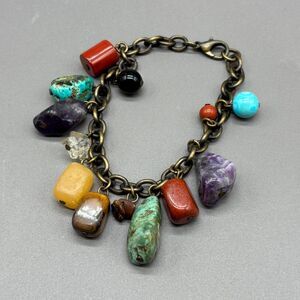 Vintage 70s Multi Stone Charm Bracelet Amethyst Turquoise Jasper Citrine Calcite